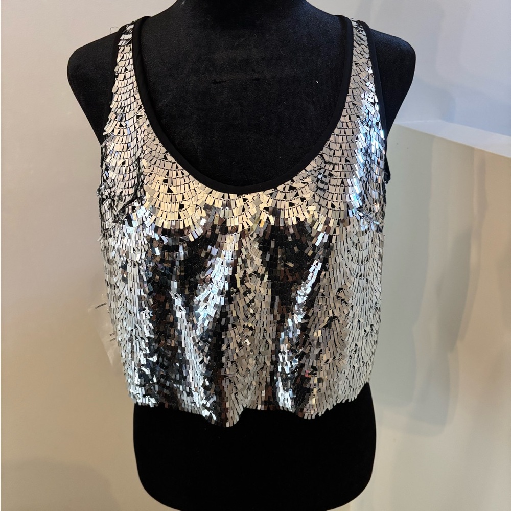 bebe Silver Rectangular Paillettes Party Crop Top.